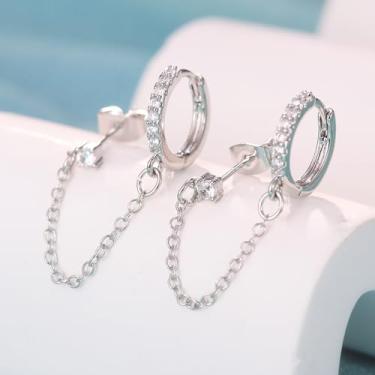 Imagem de Brincos femininos de corrente de ouro 14K/18K com pingente duplo de zircônia cúbica, standard, Cobre, Sem pedra preciosa