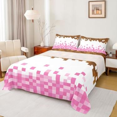 Imagem de Manfei Jogo de lençol solteiro com tema pixelado, quadriculado geométrico, gamepad de videogame, para quarto de crianças, rosa branco e marrom, 3 peças (lençol com elástico + 1 fronha)