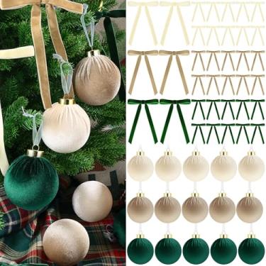 Imagem de 51 peças de enfeites de veludo de Natal, 15 peças, bolas de decoração de árvore de Natal, 8 cm, 36 peças, laços de fita vintage de veludo, 15 cm de largura, 15 x 20 cm, para decoração de árvore de