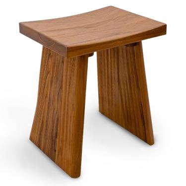 Imagem de StrongTek Banco de chuveiro de teca para banheiro, banco de banho de madeira maciça de teca de 45 cm com assento curvo, montagem fácil e design resistente, resistente à água, capacidade de 158 kg