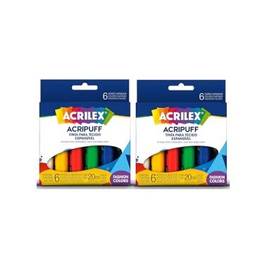 Imagem de Kit 2 Tintas Acripuff Acrilex 20ml 6 Cores Cada – Tinta Expansível Para Tecido, Relevo Emborrachado, Efeito Puff, Ideal Artesanato e Customização
