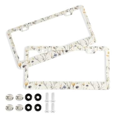 Imagem de SEHANY Molduras de placa de licença de flores florais coloridas, capas de moldura de placa de carro de alumínio à prova de ferrugem com orifícios elípticos e parafusos serve para veículos padrão dos