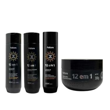 Imagem de Kit Completo Fattore 12 em 1 Shampoo, Condicionador, Leave-in e Máscara 300g Cada Reconstrução Profunda Hidratação Intensa Proteção Térmica Selagem Capilar Brilho Espelhado Redução de Frizz Para Cabelos Danificados Ressecados e Porosos