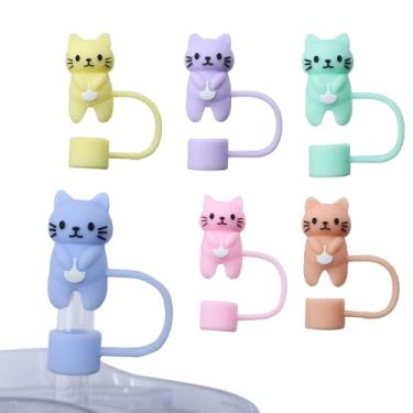 Imagem de 6 peças de tampas de palha de gato fofo para 30 copos de 1,134 g de 10 mm, tampas de silicone para canudos, tampas, protetores de tampas, acessórios para copos