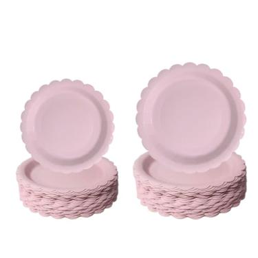 Imagem de 100 peças de pratos de papel recortado, pratos de papel rosa claro de 17 e 23 cm, prato de sobremesa descartável resistente premium para casamento, dia dos namorados, aniversário, chás de bebê, festas