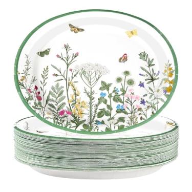Imagem de 50 peças, pratos de papel ovais florais 25,4 x 30,5 cm, descartáveis, vintage, flores silvestres, folhas verdes, pratos de papel, primavera, verão, vintage, jardim, jantar, para aniversário, chá de
