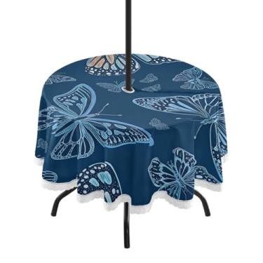 Imagem de Qilmy Toalha de mesa borboleta redonda impermeável de 152 cm com orifício para guarda-chuva e zíper – uso externo / interno resistente para pátio, churrascos, piqueniques, festas (serve para mesas