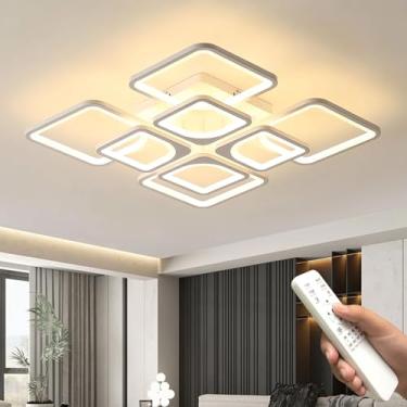 Imagem de Luminária de teto LED, lustre moderno de acrílico com 8 anéis, controle remoto e intensidade de luz ajustável de 3000 a 6000K, ideal para sala de estar, quarto e banheiro. Dimensões: 60 x 60