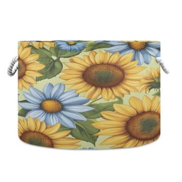 Imagem de JUZIHAI Lindo cesto de armazenamento grande de girassol, cesto de roupa suja dobrável à prova d'água com alças de corda de algodão para organização doméstica no quarto, banheiro e carro