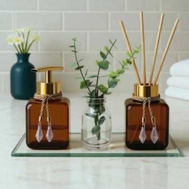 Imagem de Kit Lavabo Banheiro Luxo com Aromatizador, Saboneteira 300ml, Vaso Decorativo e Bandeja Moderna(Ambar)