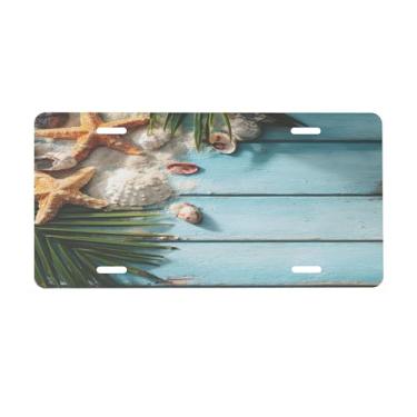 Imagem de Placa de licença de madeira azul-petróleo estrela do mar para a frente do carro placas de carro alumínio metal adequado para caminhão placa de porta de carro bar café acessórios automotivos para