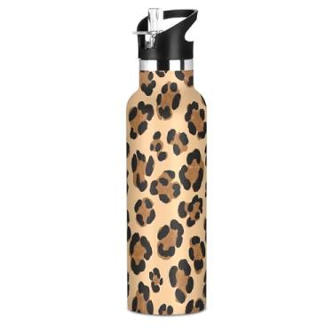 Imagem de Joisal Garrafa de água isolada de aço inoxidável de 590 ml com tampa de palha, marrons e pretos, garrafas de água bege para meninos e meninas, copos de viagem para crianças, livre de BPA, à prova de