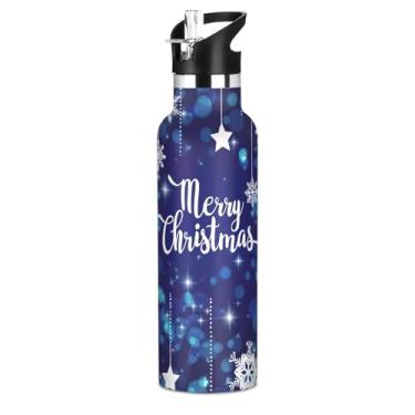 Imagem de Garrafa de água isolada de aço inoxidável de 590 ml com tampa de palha, flocos de neve de Natal, estrelas, garrafas de água azuis para meninos, meninas, crianças, copos de viagem, sem BPA, parede