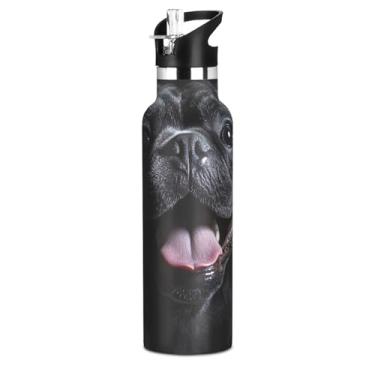 Imagem de Garrafas de água vibrantes, buldogue preto, para meninas, meninos, garrafa de água de aço inoxidável sem BPA, copos de viagem isolados para crianças com tampa de canudo para bebidas quentes ou frias
