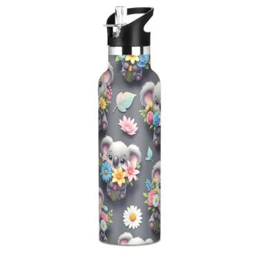 Imagem de Coalas de desenho fofo colorido floral infantil garrafa de água com tampa de palha, garrafas de água isoladas de aço inoxidável à prova de vazamento, copos infantis livres de BPA para escola, viagens
