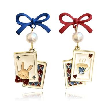 Imagem de XYAYOU Brincos de pérola assimétricos com laço de pôquer para mulheres, coelho, xícara de chá, brincos extravagantes, novidade criativa e moderna, acessórios de joias, Medium, Acrílico, Sem pedra