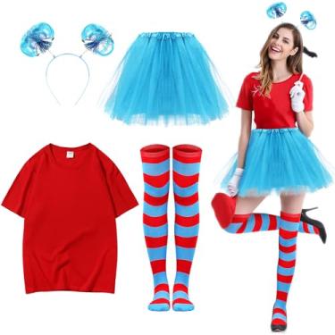 Imagem de KDVOG Conjunto de acessórios femininos para fantasias de Halloween, inclui saia tutu de tule, camiseta vermelha, listrada, meias de cano alto, azul, faixa de cabeça