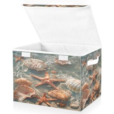 Imagem de Blueangle Cestos de armazenamento de praia de verão e concha de estrela do mar com tampas, 42 x 32 x 30 cm, grande cesta organizadora dobrável para decoração de casa e escritório (510)