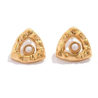 Imagem de Kokoma Brincos femininos triangulares geométricos de aço inoxidável com pérolas simuladas de aço inoxidável, brincos de triângulo vazado, joias modernas