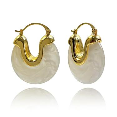 Imagem de JGHIFLYE Brincos de argola de resina âmbar banhados a ouro branco 14 k para mulheres, retrô, grossos, leves, brincos de argola para festa de casamento