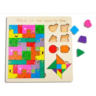 Imagem de Brinquedo Educativo Infantil Montessori de Madeira – Encaixe de Formas e Cores – Puzzle Didático para Desenvolvimento Cognitivo, Coordenação e Aprendizado - TDAH - (Formas + Quebra Cabeça)