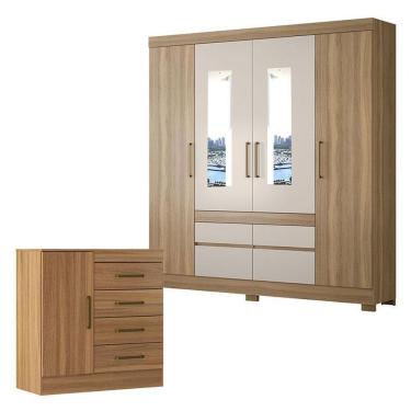 Imagem de Conjunto Guarda Roupa Casal Bilbao 4 Portas de Bater 4 Gavetas MDP com Espelho Amêndola Off White Demóbile