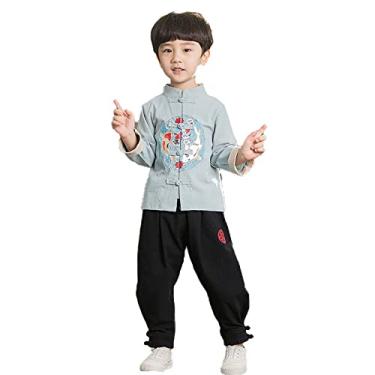 Imagem de Yajun Conjunto de 2 peças Tang Suit Hanfu top + calça roupas tradicionais chinesas para 3-14 Ye Kung Fu uniforme algodão cosplay roupa de palco, verde, 100 cm