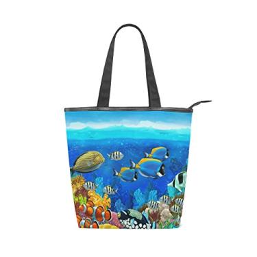 Imagem de Bolsa feminina durável de lona colorida para peixes subaquáticos, recife de corais, bolsa de ombro para compras com grande capacidade