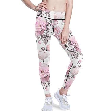 Imagem de Leggings de ioga com estampa de casa de fazenda de flores rosa para mulheres leggings de ginástica para mulheres cintura alta levanta bumbum PP, Casa de fazenda com flores rosa, GG