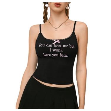 Imagem de Floerns Camiseta feminina casual com estampa de letras, alças finas, acabamento em renda, Preto, M