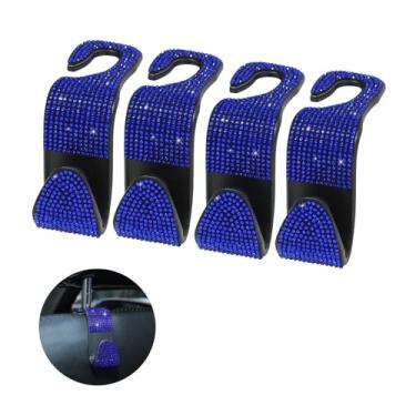 Imagem de Ziciner 4 peças de gancho de encosto de cabeça para assento de carro brilhante, organizador de armazenamento para assento traseiro de strass, acessórios interiores universais para bolsa de mão | Capa de anel de decoração Start Stop (azul)