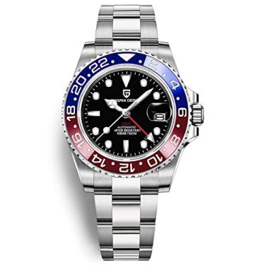 Imagem de Pagani Design PD-1662 GMT Relógio masculino de 40 mm, movimento mecânico automático, data analógica, vidro de safira sintético luminoso, aço inoxidável, 100 m, resistente à água, 3 Azul e vermelho, Lazer, moda, viagens. Piloto, mergulho, mergulhador, esportes, negócios, presente de dia dos namorados