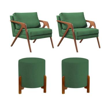 Imagem de Kit 2 Poltronas Mona Decorativa e 2 Puff Thor Estofado Linho Verde Base Madeira Maciça