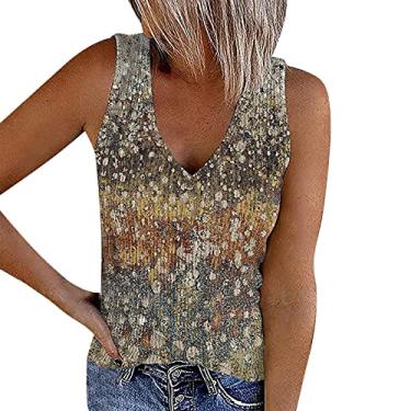 Imagem de Regatas femininas de malha canelada camiseta floral sem mangas gola V camiseta casual verão roupas abotoadas camiseta colete, Caqui, 3G