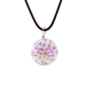 Imagem de ZUOPIPI Colar de desejo de semente de dente-de-leão seco prensado trevo de babysbreath em bola de vidro pingente de couro colar com cordão, 7*9cm, Vidro