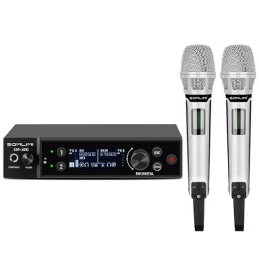 Imagem de SOMLIMI EM-300 UHF Sistema de micrófono inalámbrico Profesional de 2 Canales 2 de Mano para Cantar Escenario Actuaciones Inicio KTV Partido Mostrar Rap Karaoke Boda Iglesia (EM-300-branco)