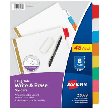 Imagem de Divisórias Avery com 8 abas, compartimentos grandes multicoloridos, 48 conjuntos (23079)