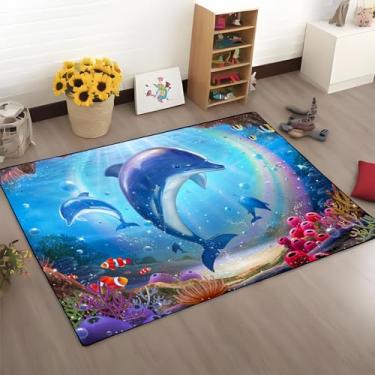 Imagem de Tapete antiderrapante com estampa de tartarugas golfinhos azuis, praia, oceano, azul-petróleo, tema marinho, tapete antiderrapante, quarto, sala de estar, sofá, berçário, decoração (mar-9, 100 cm x