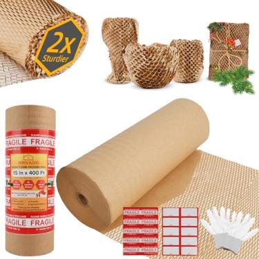 Imagem de BRIVADO Papel de Embalagem Honeycomb 15"X4800"(400 Pés) Rolo- Papel de Embrulho Ecológico com Adesivos Frágeis e de Etiquetagem, Luvas, Papel Honeycomb Reciclável, Alternativa Ao P(15" X 400', Marrom)