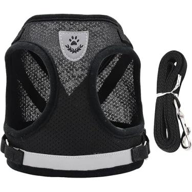 Imagem de Coleira Peitoral para Cachorros e Gatos com Colete Reflexivo Regulável e Guia de Passeio (Preto, P)