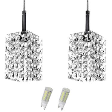 Imagem de Kit 2 Lustres Pendente Quadrado Clearwall de CrIstal Legitimo com Lâmpadas 6000K (Branca Fria)