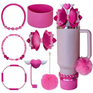 Imagem de Acessórios para Stanley Cup, 3 pingentes de contas decorativas para copo Stanley, 1 enfeite de canudo com laço, 1 bota de silicone para Stanley 1,134 g, 1 bola pompom para alça de garrafa Stanley, 1