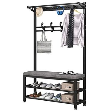 Imagem de Cabide Hall Tree Entryway 3 em 1 com banco de sapatos de veludo com banco de 2 camadas e armazenamento de sapatos, 10 ganchos de corredor, cabide para entrada, quarto, corredor, sala de estar