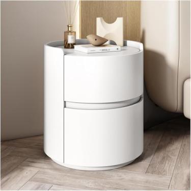 Imagem de Mesa de cabeceira redonda de couro de microfibra com 2 gavetas de madeira moderna mesa lateral armário de armazenamento de madeira maciça para quarto, sala de estar, branca, 45 x 50 cm