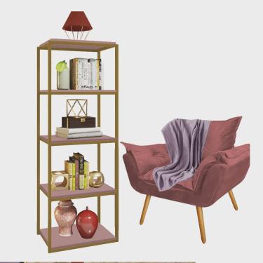 Imagem de Kit Poltrona Fatte com Manta Soft Lilás e Estante Livreiro Ferro Dourado mdf Rose Suede Rose Gold - Ahz Móveis