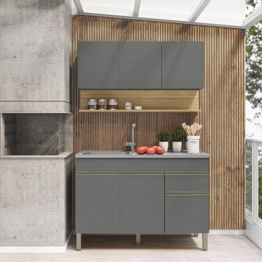 Imagem de Kit Balcão De Pia Sem Tampo E Aereo 120 Cm 6 Portas 1 Gaveta Line - Gris/gris/cp-freijó