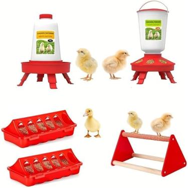 Imagem de Kit de comedouro e bebedouro para pintinhos, alimentador superior de 1 kg e bebedouro de pintinhos de 1 litro, suprimentos de frango para bebês com poleiro, para galinheiro e chocadeira para