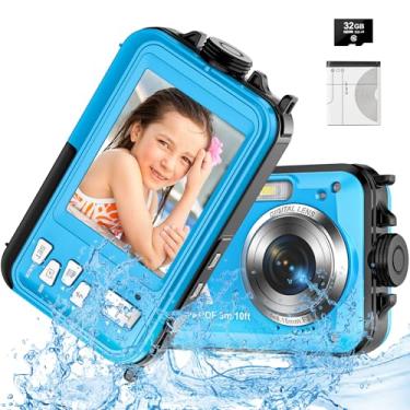 Imagem de Câmera subaquática com cartão de 32 GB, à prova d'água, 3 m, 30 MP FHD 1080P, compacta, zoom digital de 16 x, câmera digital subaquática para mergulho com snorkel, azul