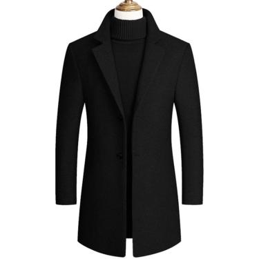 Imagem de Casacos de lã longos de lã de gola virada para baixo de lã casual sobretudo masculino de casaco de fita slim slim fit, preto, xxl