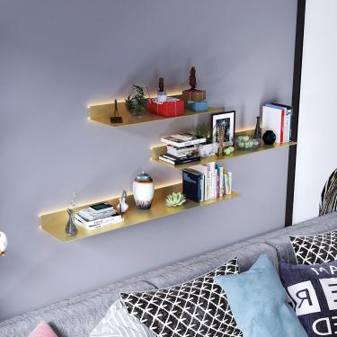 Imagem de Prateleiras de livros flutuantes de metal com luz LED iluminada embutida, montagem de parede moderna não possui prateleira, organizador de decoração de armazenamento flutuante, prateleira de